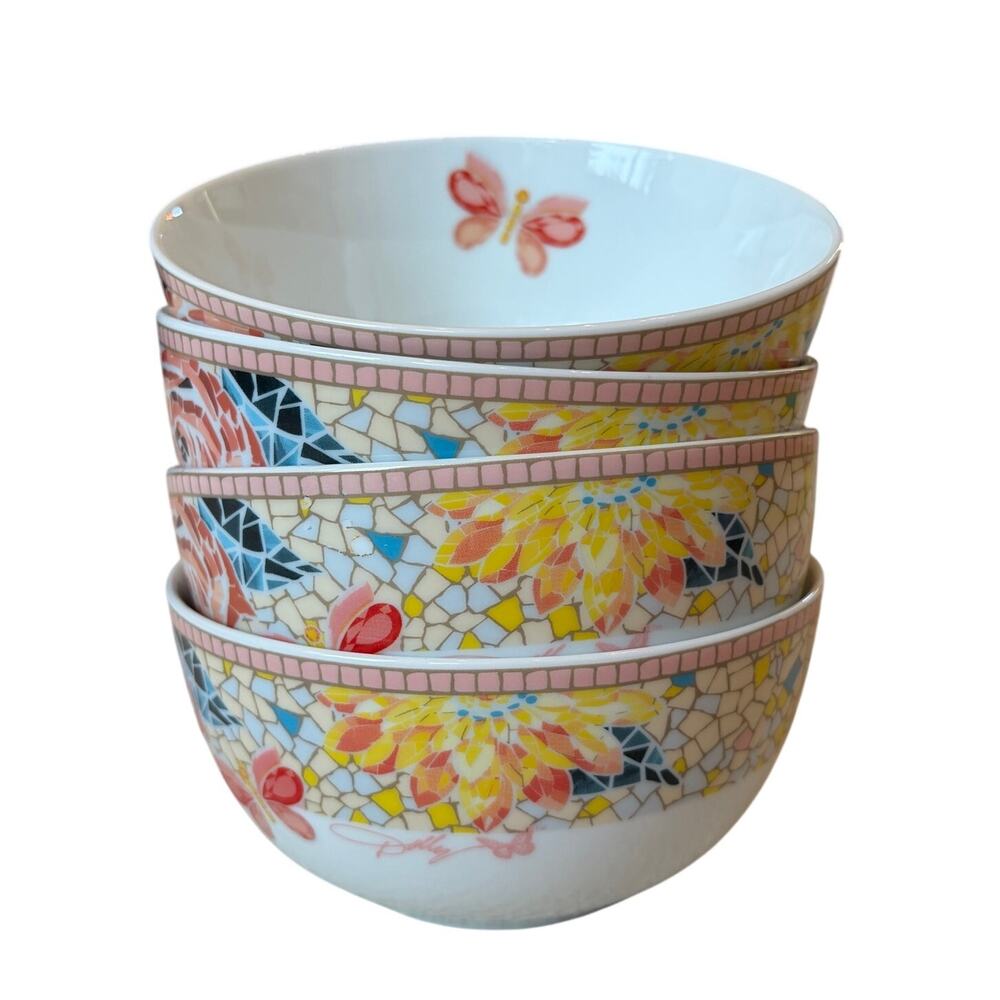 Dolly Parton Mosaic Butterfly Porcelain Salad Bowls 5.5in Set of 4 Whimsical NEW